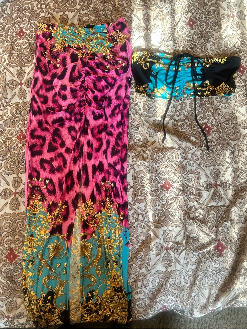 Women's Pink Leopard & Blue Baroque Strapless Skirt Set
